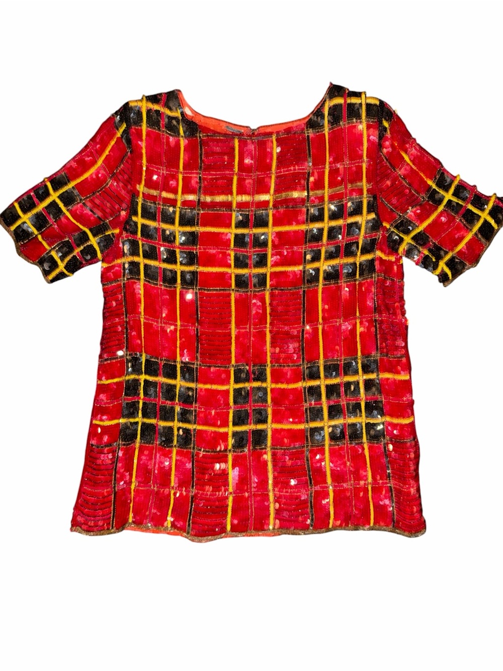 Red Plaid Silk Sequin Short Sleeve Top